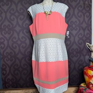 Studio I Pink and Silver Sheath Dress Cap Sleeve Crew Neck Midi